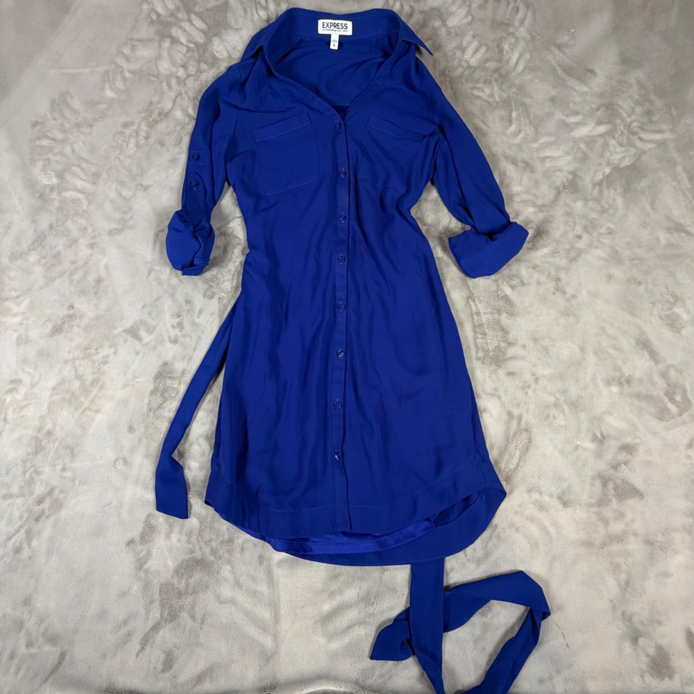 Express The Portofino Shirt Dress Royal Blue Long Sleeve Belted XS